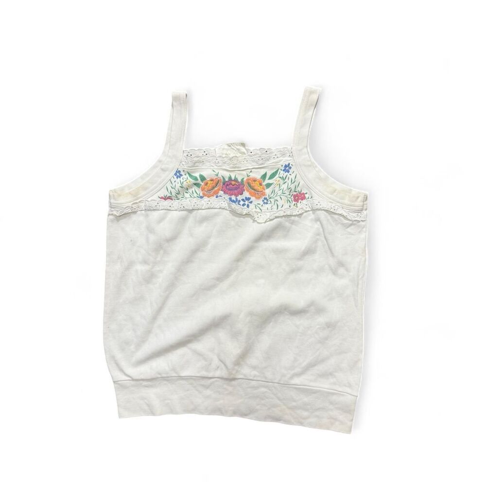 Vintage Women's White and Cream tank top lace trim